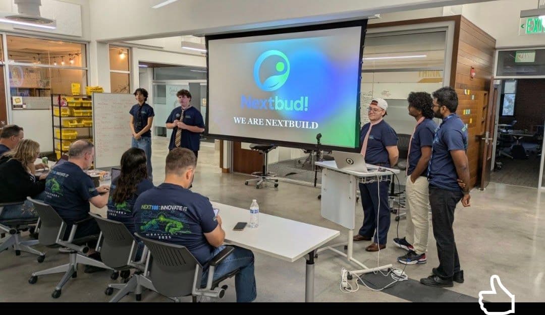 Sebastian Davalos and teammates presenting NextBud at the NextEra Energy Hackathon